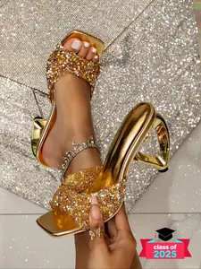 Women's Rhinestone Decorated Slip on Ladies Sandals, Glamour Shoes, Fashionable Heart Shape Heeled Sandals for Party, Daily Clothing Decor for Women & Girls, Footwear, Glitter Decorated Sandals