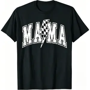 【Graphic T Shirt】Mama Lightning Bolt Checkered Varsity Mom T-Shirt Unisex Short Sleeve Graphic Tee Black | Trendy Baseball Mom Shirt Aesthetic Checkered Lightning Graphic Casual Soft Comfortable Mother’s Day Gift Sports Mom Outfit Streetwear Top Women Men