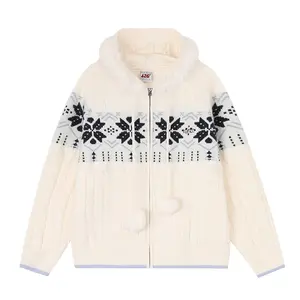 [Limited Time Off Season Clearance] F426 Official Store Fall New Arrival Fur Rim Hooded Fair Isle Sweater with Pum Pums
