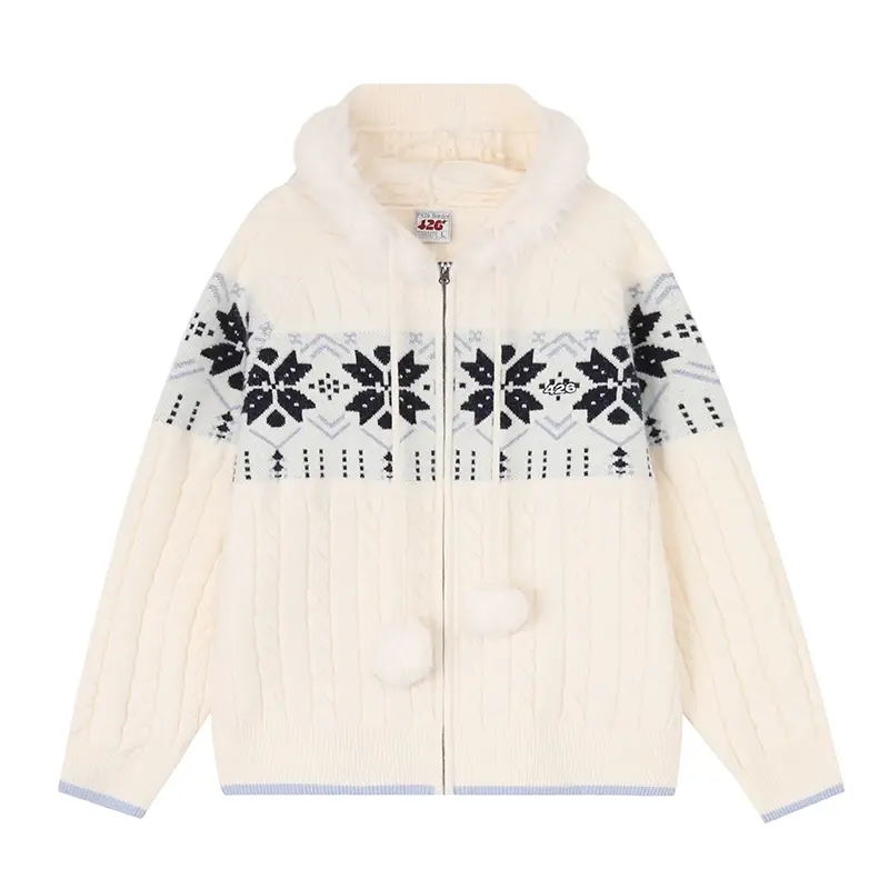 [Limited Time Off Season Clearance] F426 Official Store Fall New Arrival Fur Rim Hooded Fair Isle Sweater with Pum Pums