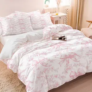 2/3Pcs Pink Bowknot Print Decorative Duvet Cover Set, Sweet Style Bedding Set, Breathable and Comfortable, Machine Washable, Available in Multiple Sizes, Perfect for Girls' and Children'S Bedroom Decor