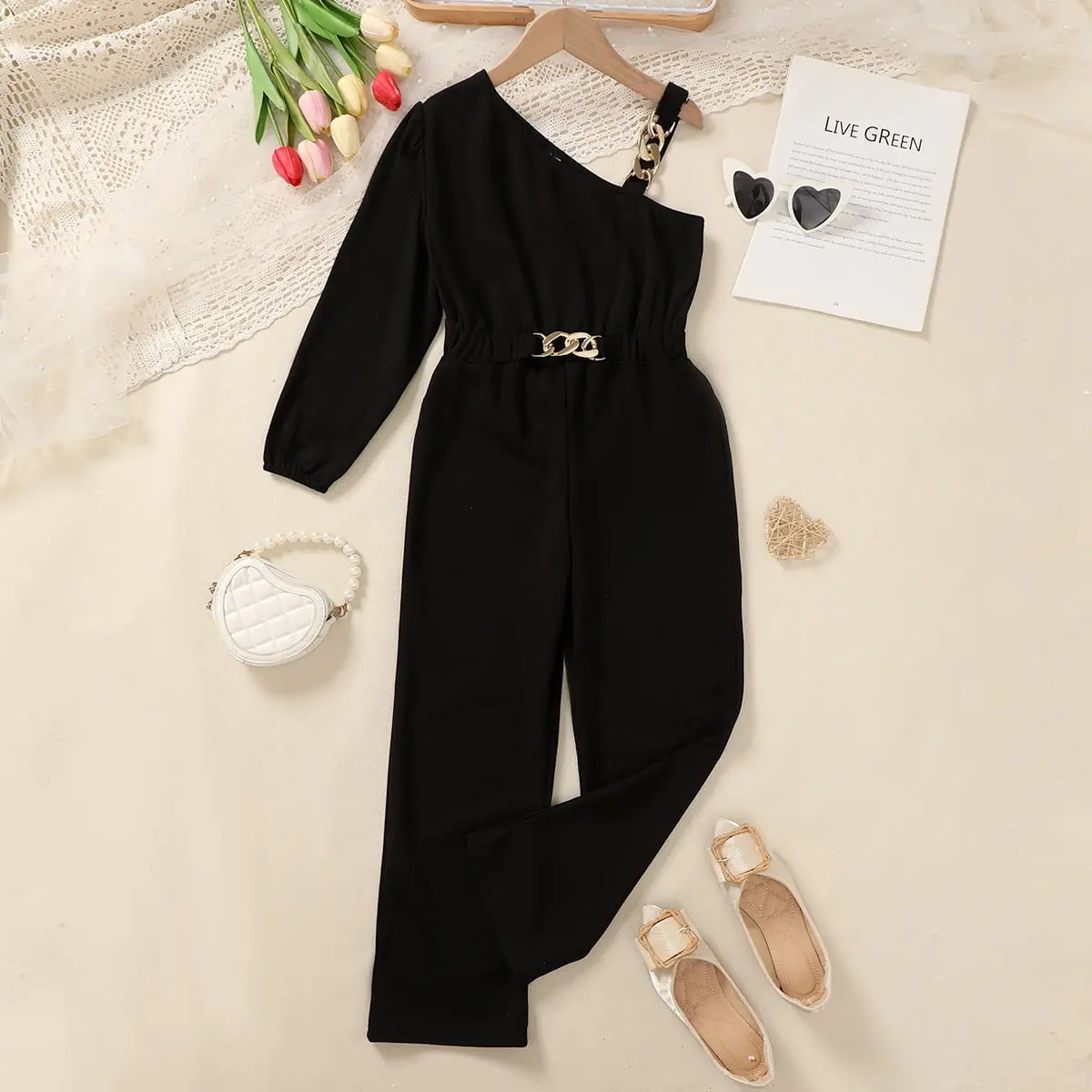 Ready Stock Girls Casual Overalls Solid Color One Shoulder Jumpsuit With Chain Design Clothes For Spring & Fall 42407022