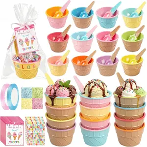 Fayoo 24 Pack End of Year Student Gifts-Ice Cream Bowls and Spoons Set Ice Cream Party Favors with Cards Raffia Ribbon Plastic Bag Sticker for End of Schoo
