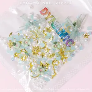 Luxury White Pearls, Gold Moons and Stars Set (Light Blue Theme) For Nail Art Design