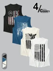 4 Pack Men's Patriotic 1776 Tank Tops - American Flag Freedom Graphic Sleeveless Shirts, Vintage Grunt Style Workout Tops for Veteran Gym USA Pride Casual Athletic Wear