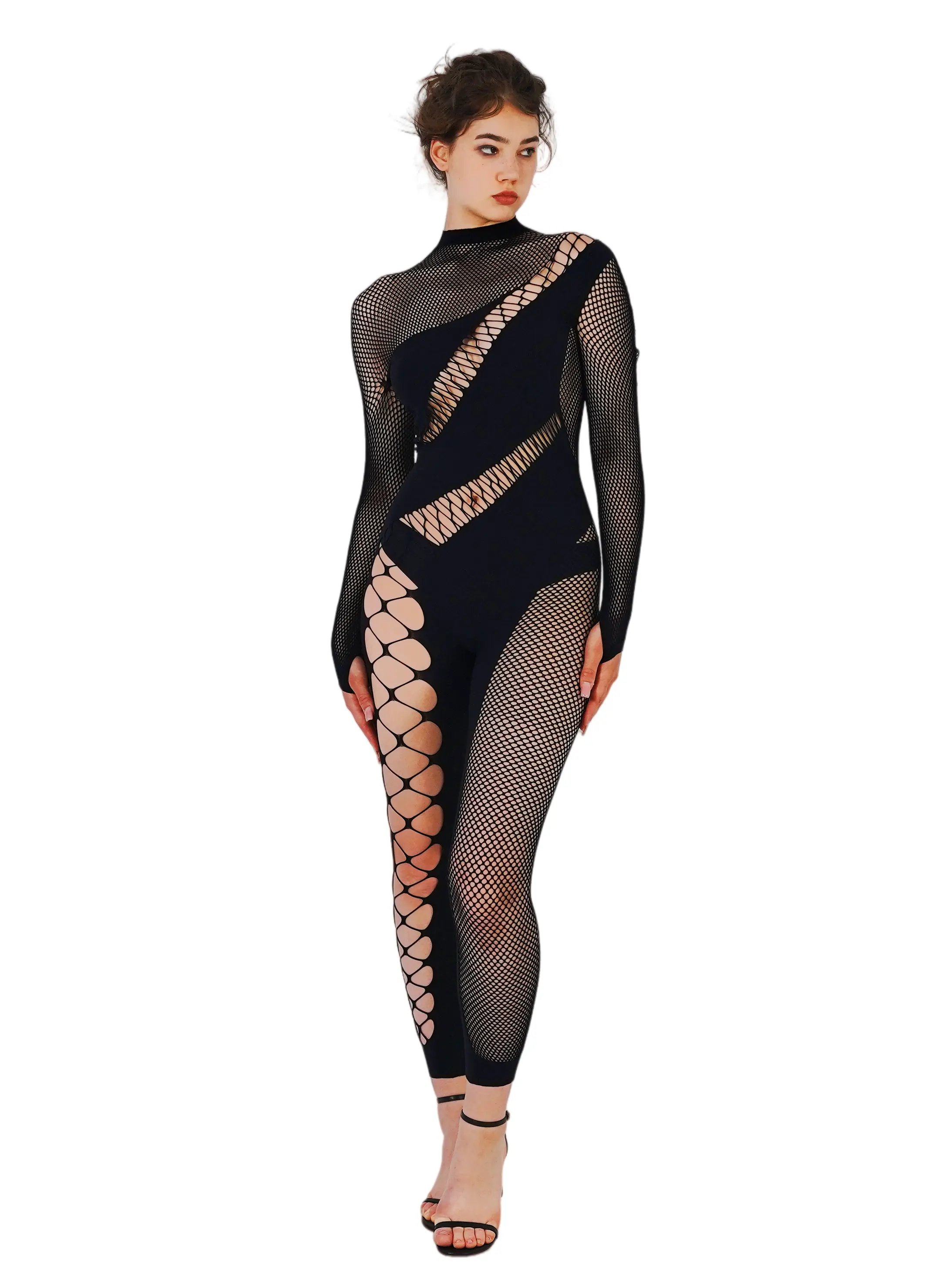Women's Soft Black High Neck Long-Sleeve Bodycon Jumpsuit - Sheer Mesh Panel Cut-Out Full-Length Evening & Club Catsuit