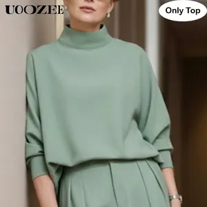 UOOZEE Women's Autumn New Solid Color Long Sleeves Shrit(Only) Turtleneck Loose Fit Pullover T-shirt Elegant Commuter Top Versatile for Office Meetings, Brunch Dates & Relaxed Evenings(Sizing Runs Large-Check Size Guide or Order Smaller)