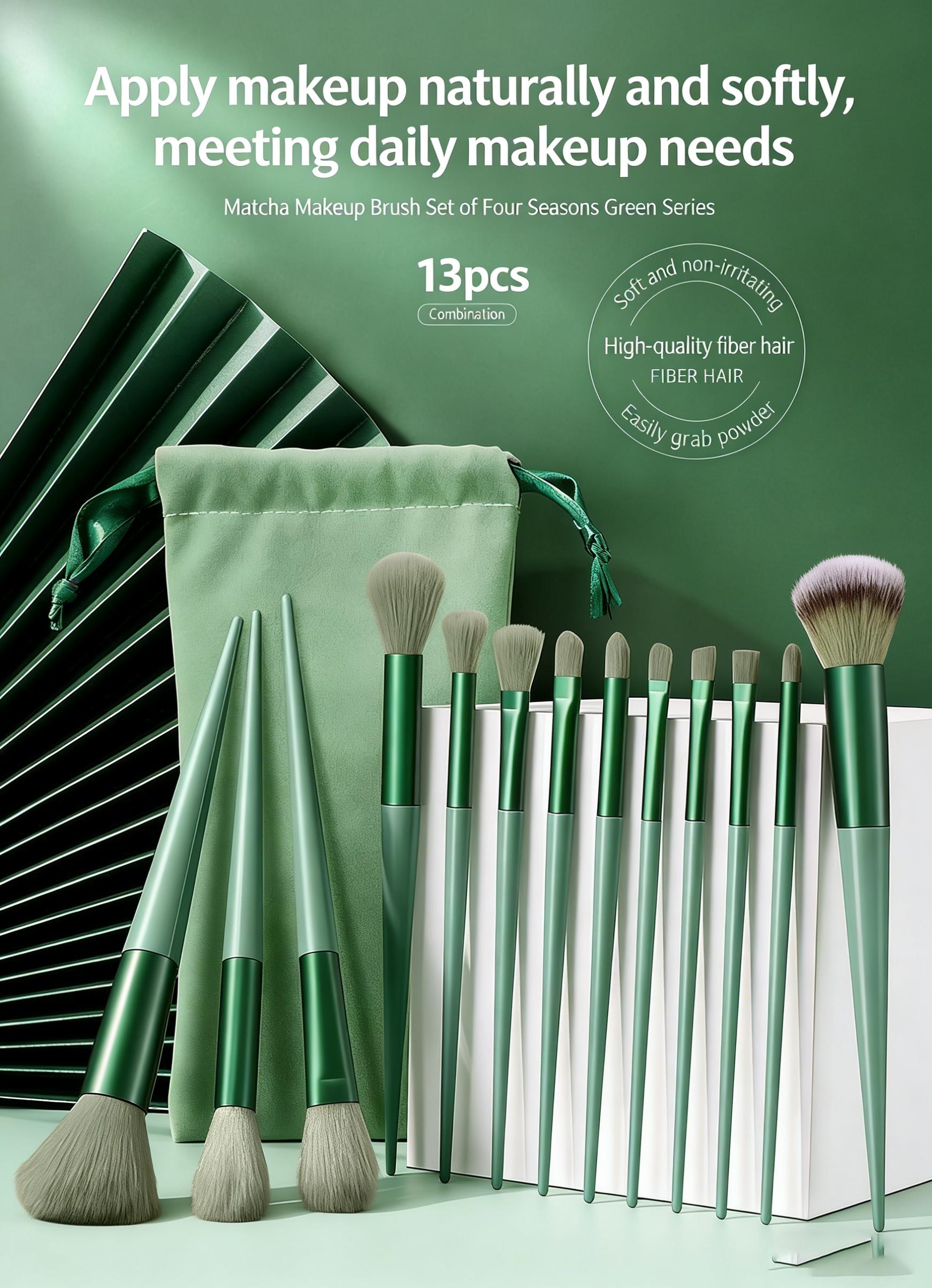 13Pcs Four Seasons Green Makeup Brush Set, Soft Synthetic Fiber Brushes for Powder Blush Eyeshadow Highlighter, Complete Beauty Tools