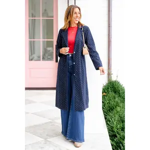 Plus/Reg Polka Dot Pattern Long Sleeve Button Up Duster Jacket
