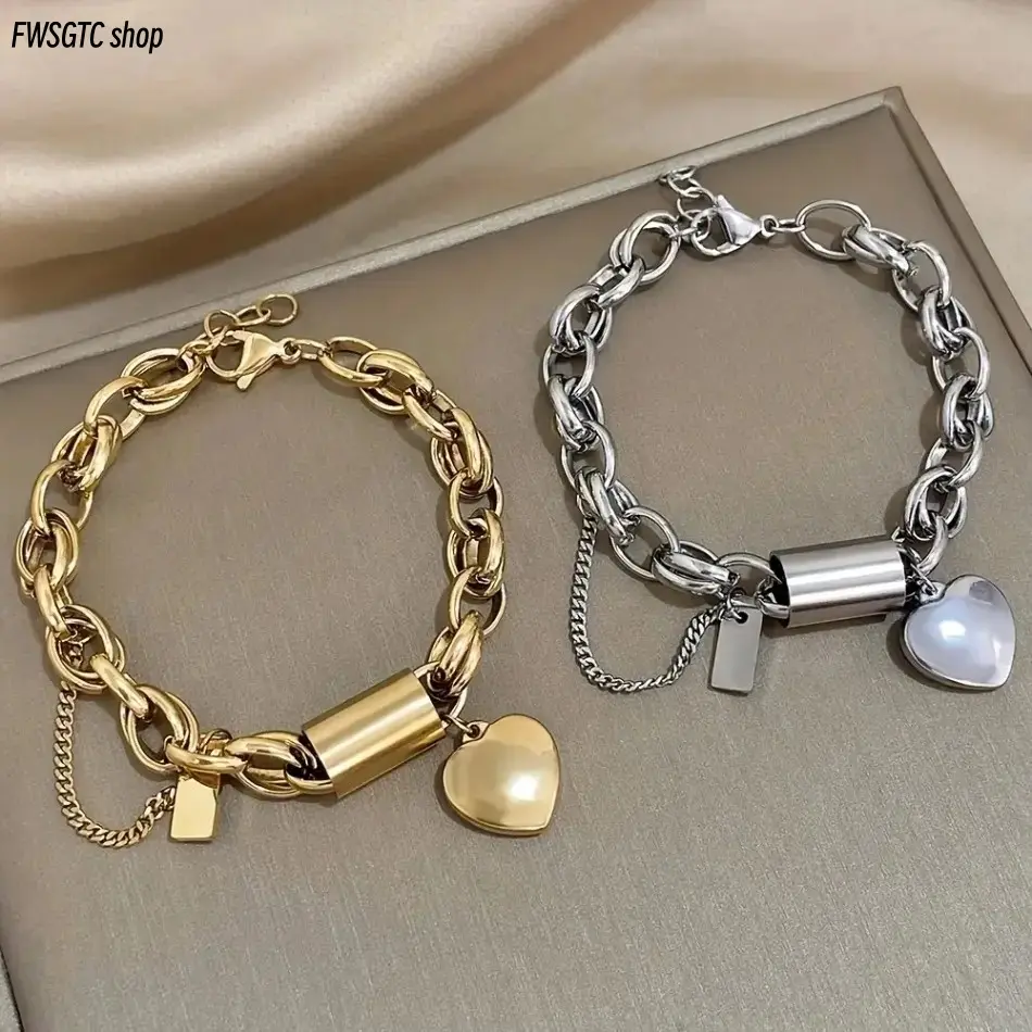 2026 New stainless steel thick chain bracelet features classic heart pendant with adjustable size. Elegant and trendy, easy to match daily looks. It makes a sweet and exquisite gift for New Year and Valentine's Day, summervibes