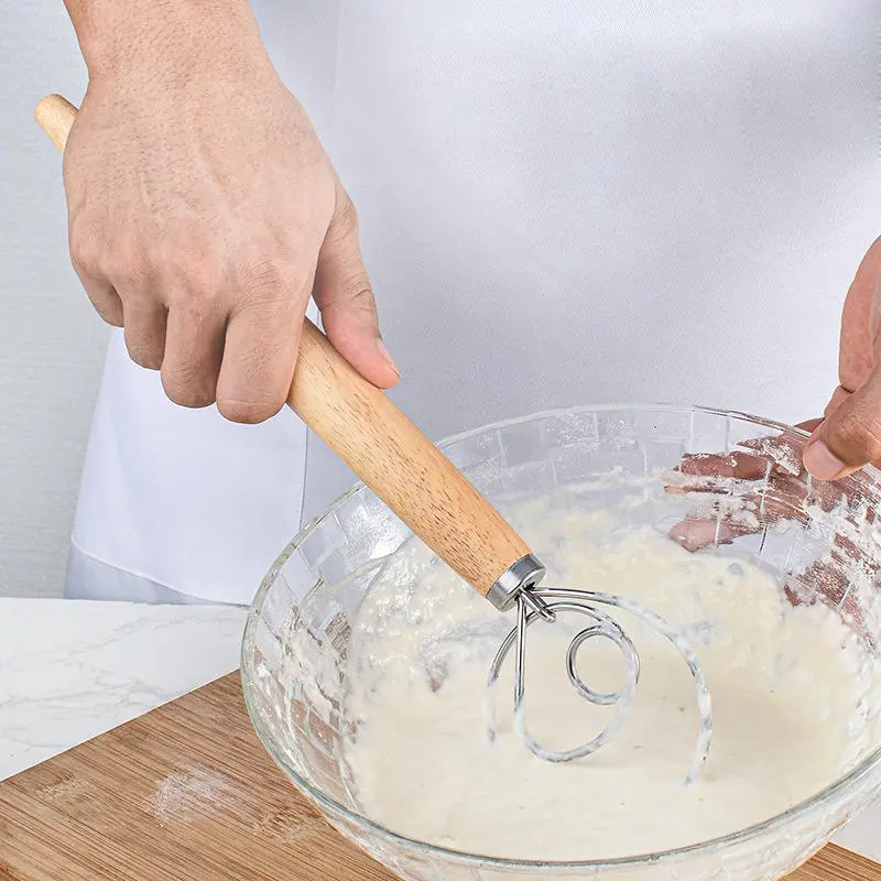 Danish Dough Whisk Stainless Steel, Dough Hook Dutch Whisk for Sourdough Bread, Hand Wooden Handle Kitchen Whisking Tool Baking Utensils
