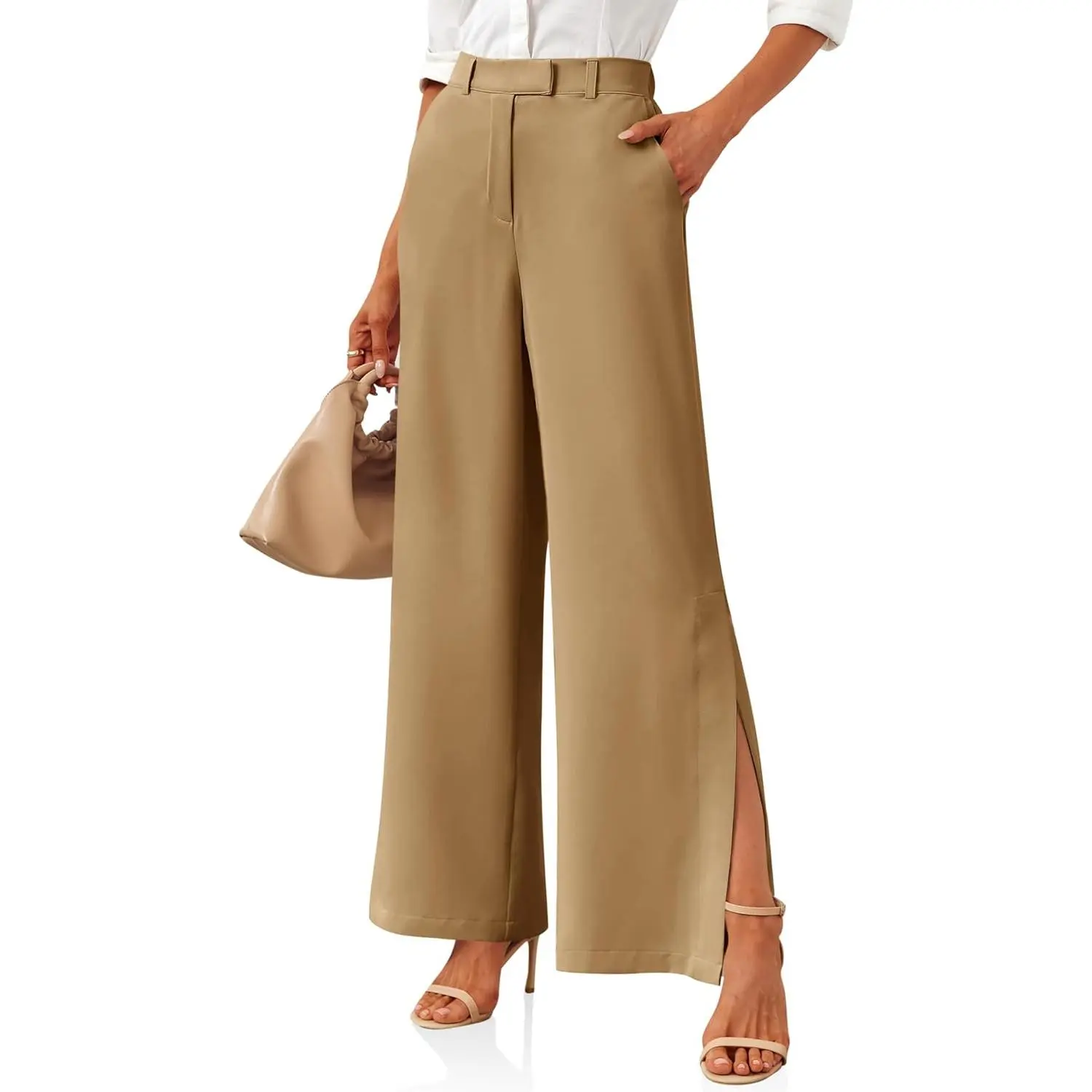 Lannew Womens Side Split Dress Pants Elastic High Waisted Wide Leg Business Casual Trousers with Pockets Comfort Comfortable