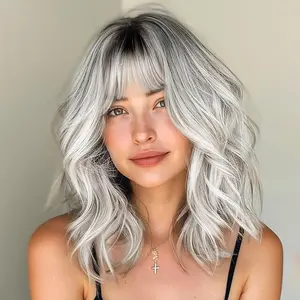 Ombre Silver Wig with Bangs for Women White Bob Wavy Charming Synthetic Wigs with Natural Shoulder Length Curly Heat Resistant Hair for Daily Party Use