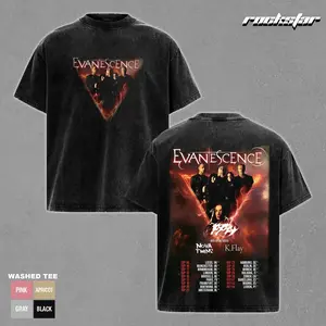 Evanescence World Tour 2026 Two-Sided Vintage Washed Black T-Shirt Oversized Graphic Tee Emo Rock Band Merch Distressed Heavyweight Cotton Shirt Men Women Streetwear Concert Fashion