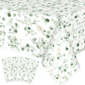 3 count Sage Green  Shower Tablecloth Eucalyptus Leaf Disposable Plastic Table Cover Summer Rectangle Table Cloth for Bridal  Shower Birthday Wedding Party Decorations, 54 x 108 Inch