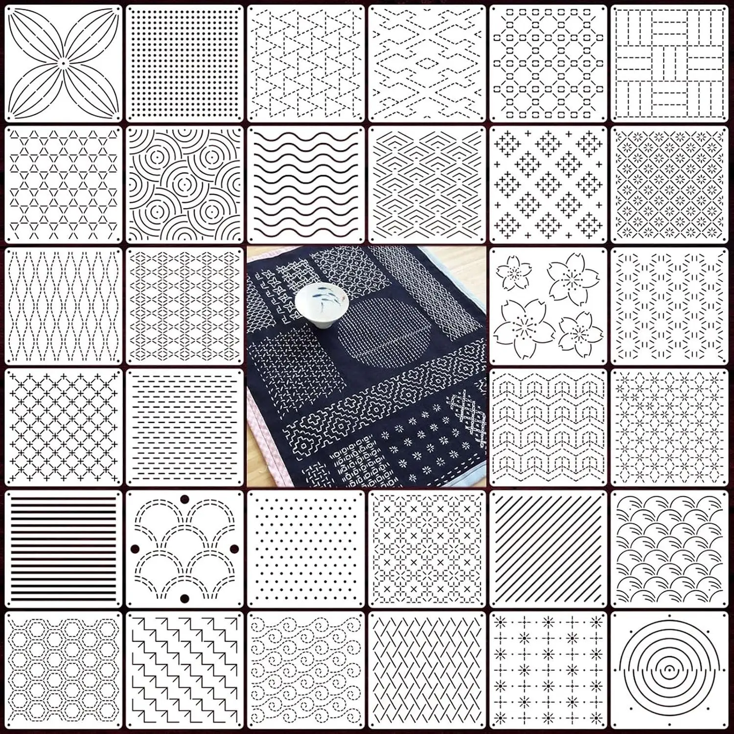 32 PCS Sashiko Stencil Kit, 5.1x5.1 Inch Reusable Pattern Drawing Templates,Durable Plastic Craft Stencil for DIY Sewing, Embroidery, Scrapbooking and Handmade Art Decoration