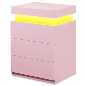 Sikaic Nightstand with LED Lights Charging Station Pink Bedside Cabinet Modern Vanity Table