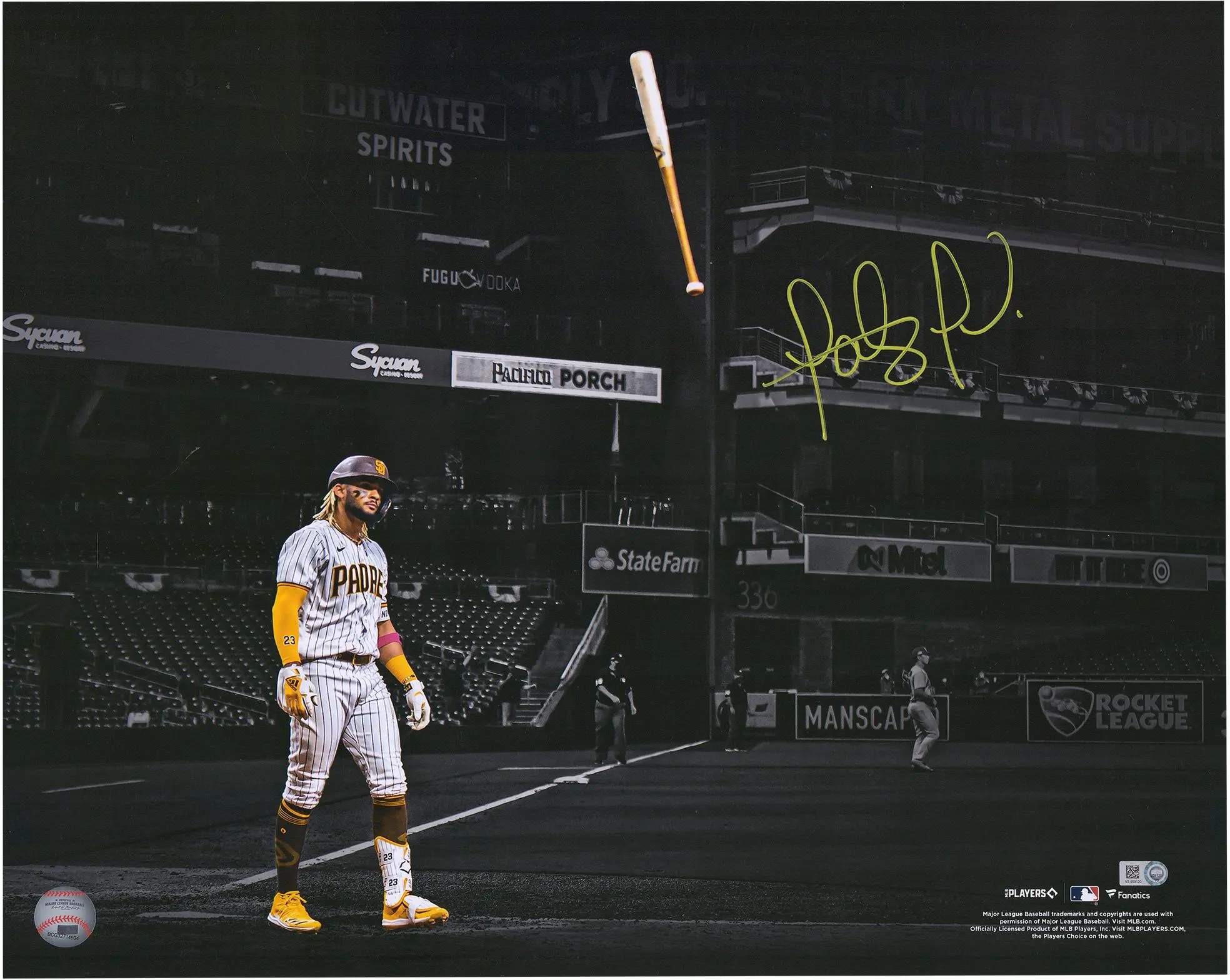 Fernando Tatis Jr. San Diego Padres Autographed 16" x 20" Bat Flip Spotlight Photograph - Fanatics Authentic Certified