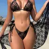Women's Floral Lace 3-Piece Bikini Set, Solid Color Swim Top, Swim Bottom and Cover Up Skirt, Ladies Summer Swimwear Sets for Beach Holiday Vacation, Beach Bathing Suit, Floral Print Bikini, Lace Up Swimsuit, Bikini Swimsuit Outfit, Bathing Suits Set