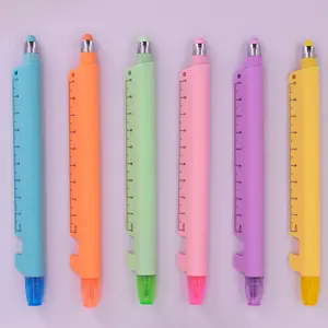 6 Pcs 4-in-1 Multifunctional Pen Set - Blue Ink Ballpoint Pen, Highlighter, 9cm Ruler & Touch Screen Stylus, 6 Assorted Colors Ideal for School Office Daily Supplies