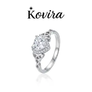 Kovira S925 Sterling Silver Romantic Clear 5A Grade Zircon Heart Halo Celtic Knot Ring for Women Everyday Wear Promise Gift