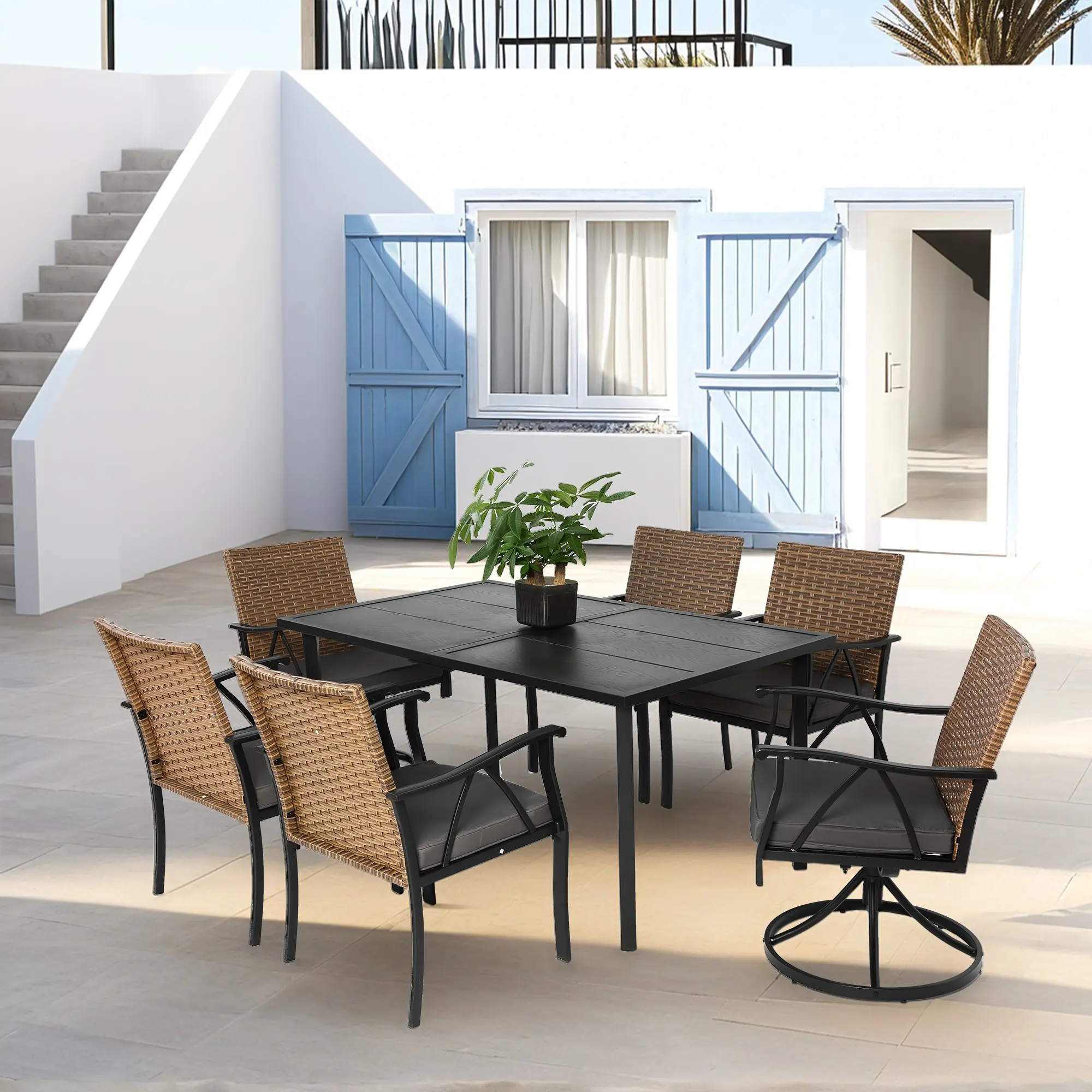 7-Piece Outdoor Wicker Patio Dining Set - Backyard Garden Poolside Furniture with 2 Cushioned Swivel Rocker Chairs, 4 Cushioned Chairs, Table Top, Removable Cushions