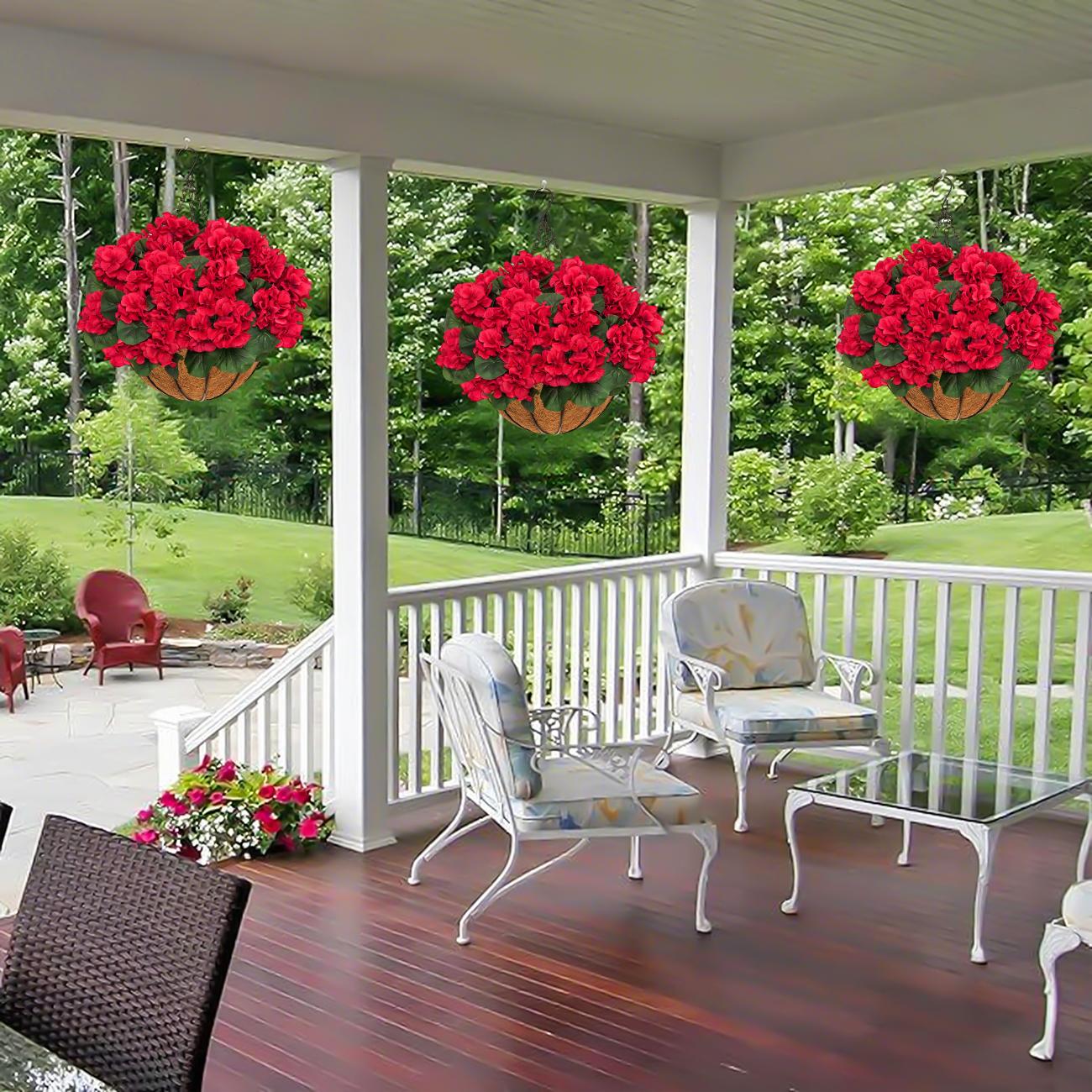 2pcs Artificial Geraniums with Hanging Baskets, 12 Bundles UV Resistant Artificial Outdoor Plants, Fake Red Flowers for Spring Front Porch Home Patio Balcony Yard Decor