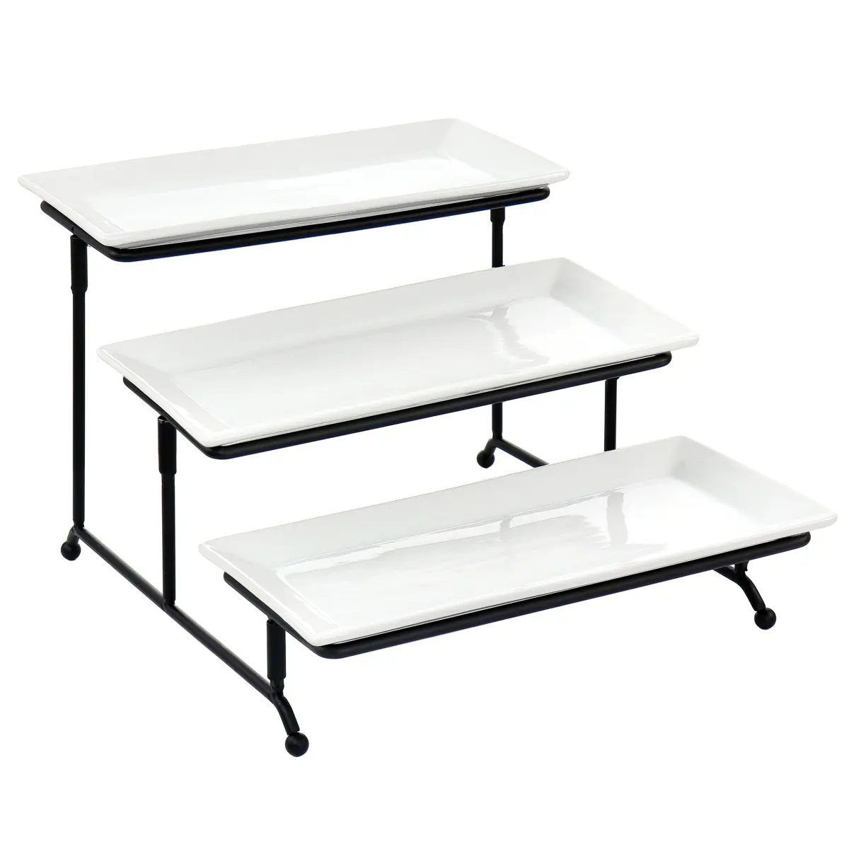 212 MAIN 3-Tier Rectangular Porcelain Plate Serveware Set, Sturdy Metal Rack, Serving Essentials for Modern Home Decor