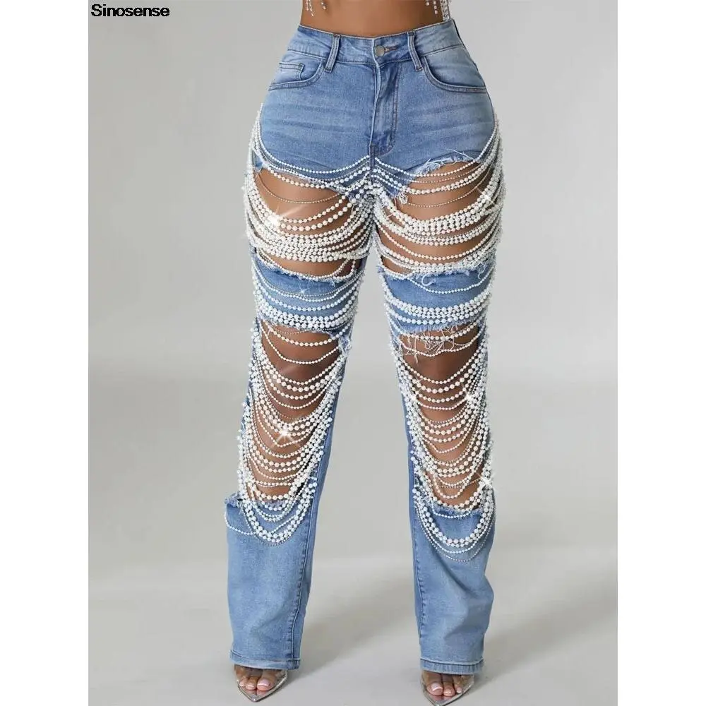Women's Distressed Ripped Denim Pants – Pearl Chain Regular-Fit Jeans
