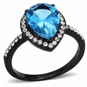 Sea Blue 11x8.5mm Pear Cut CZ Center Black IP Stainless Steel Cocktail Ring