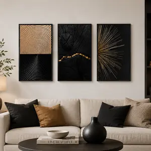 3pcs Black Gold Abstract Canvas Wall Art - Wooden Texture & Metal Burst Design, Odorless Print Poster, Home Decor for Living Room & Bedroom, Father's Day Gifts