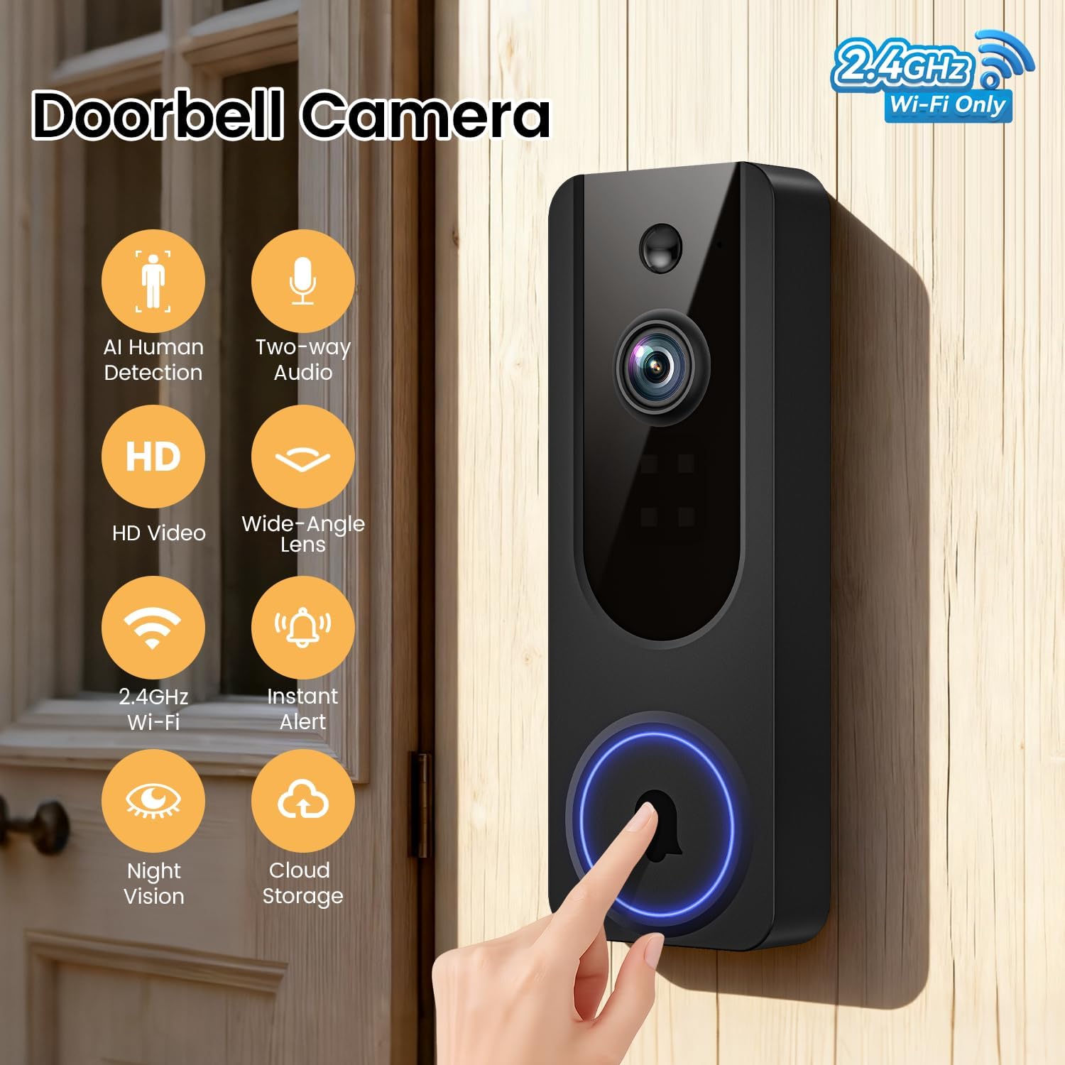 1080p WiFi Video Doorbell Camera Wireless, Battery Powered, AI Human and Motion Detection, 2 Way Talk, Night Vision, Cloud Storage, 2.4G WiFi Only, Indoor/Outdoor Surveillance