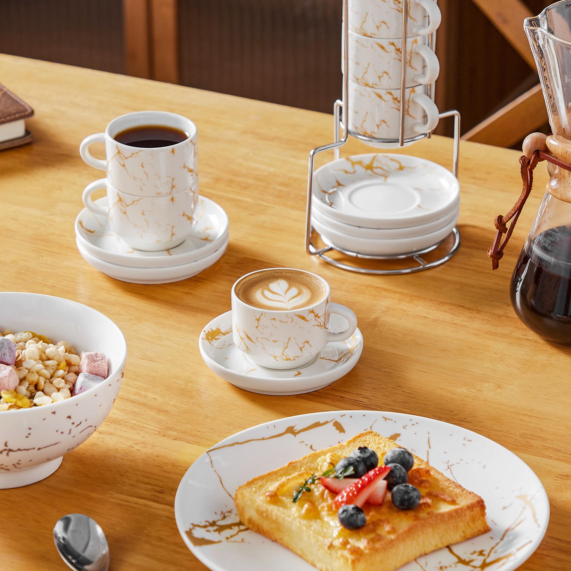 MALACASA 3/5/9 OZ Porcelain Espresso Cups (includes saucers and metal cup holder) 6-Piece Set, Stackable Cappuccino Cups, Coffee Cups, and Tea Cups, Marble-Patterned Espresso Cup Set, Perfect for Espresso, Lattes, and Tea