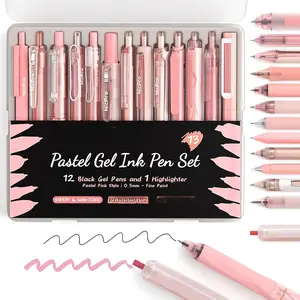 13Pack Pastel Gel Ink Pen Set with Case, Cute Retractable 0.5mm Fine Point Pen, 12 Pink Pens Black Ink with 1 Highlighter, Aesthetic Pens for Student Note Taking,Writing,Office Supplies (Pink) roller  ball  pen
