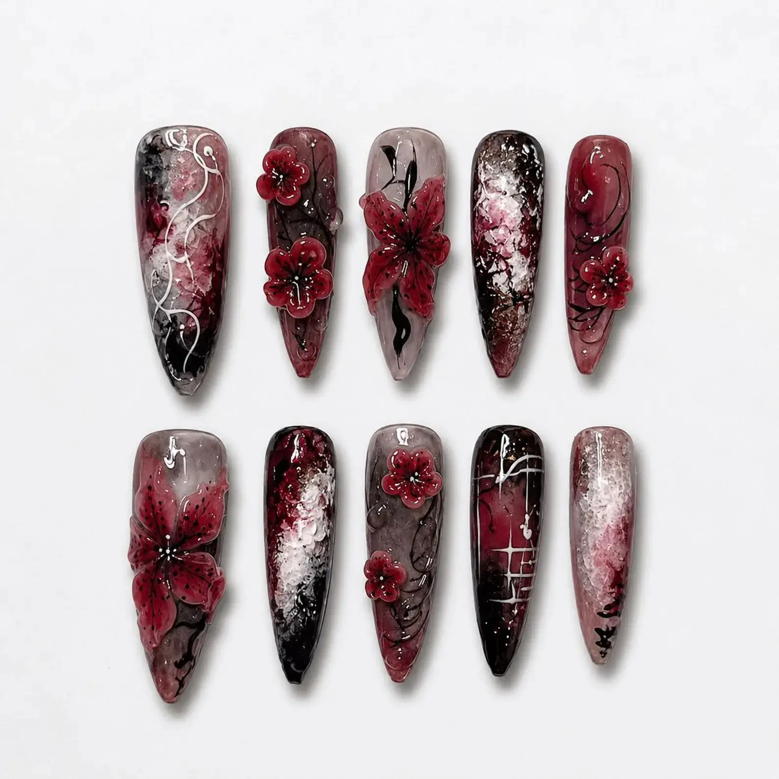 Handmade Gothic Red Ombre Press-On Nails | Dark Floral Stiletto Nail Set with 3D Flower Art | Alternative False Nails