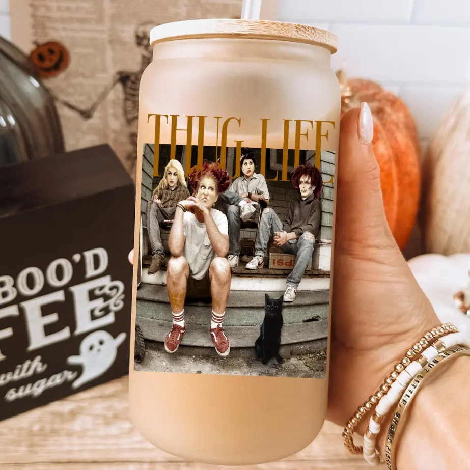 Witches Thug Life Glass Cup With lid and Straw, Halloween Glass Tumbler with Bamboo Lid, Witch 16oz Cold Beer Glass with Lid