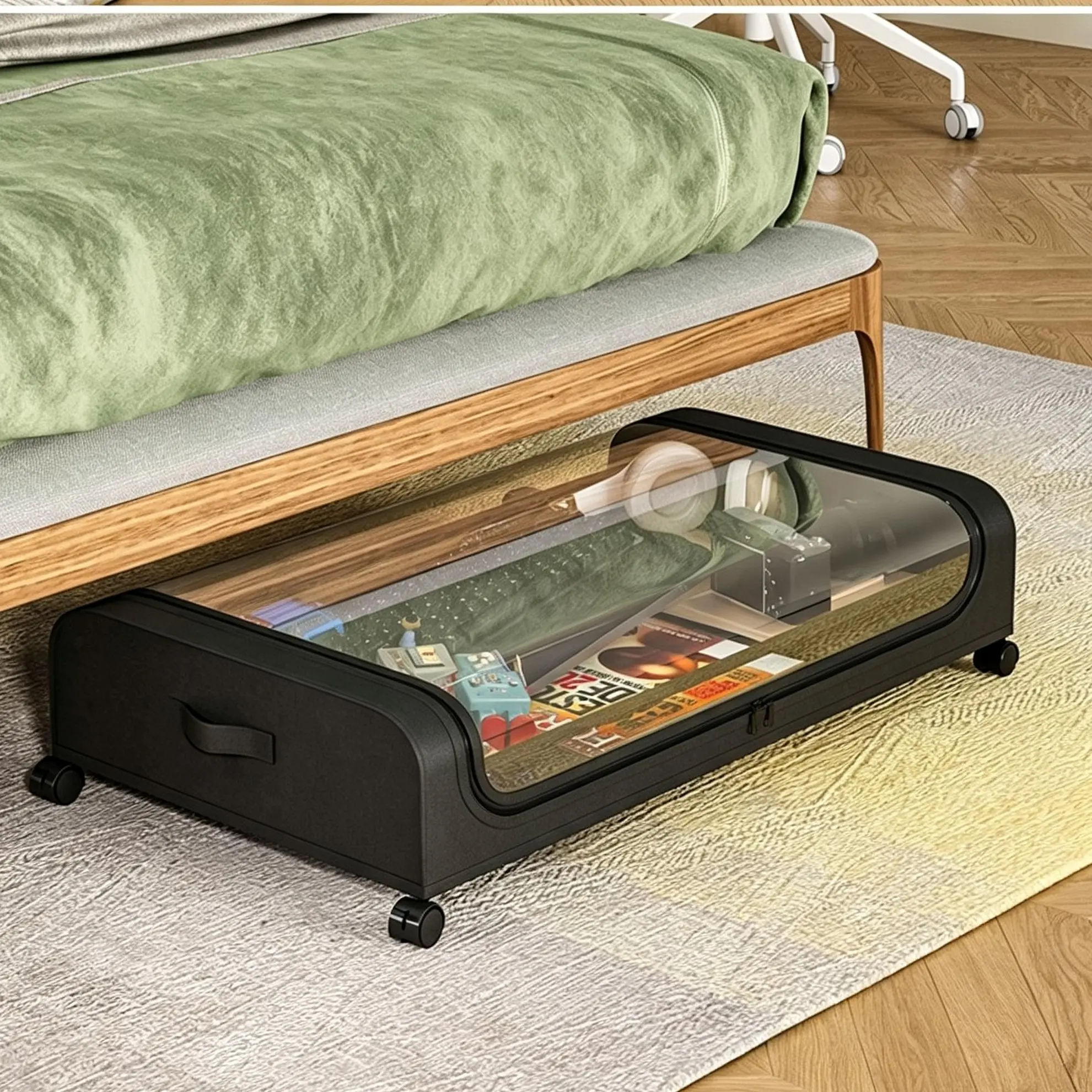 UDEAR Under-Bed Storage Bin with Wheels and a Clear Lid, for Storing Clothes, Blankets, and Shoes