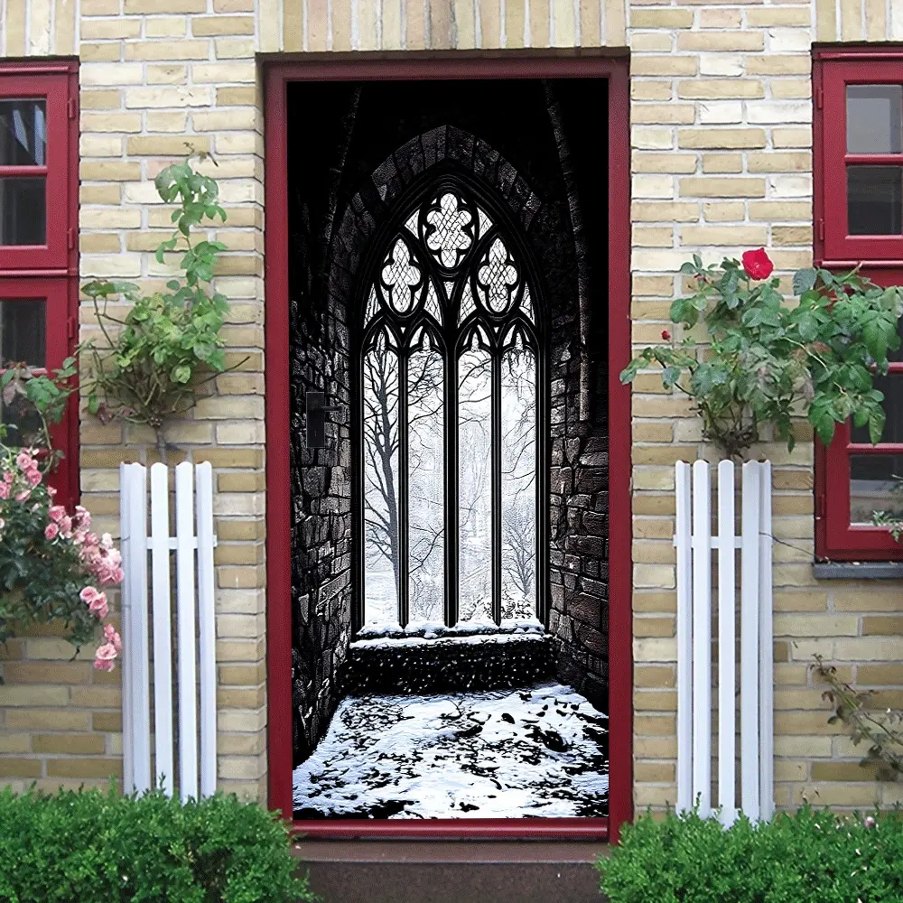 2pcs   Gothic Church Stained Glass Window Wall Decal Retro Arched Glass Window Sticker Medieval Architecture Style Decor Self Adhesive Removable Living Room Bedroom Study Porch Wall Decoration Winter