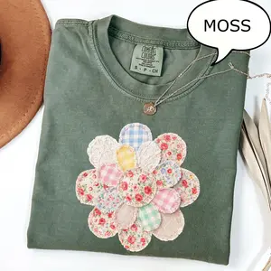 Faux Patchwork Tee, Cute Floral Summer Shirt, Cottagecore Aesthetic Graphic T-Shirt