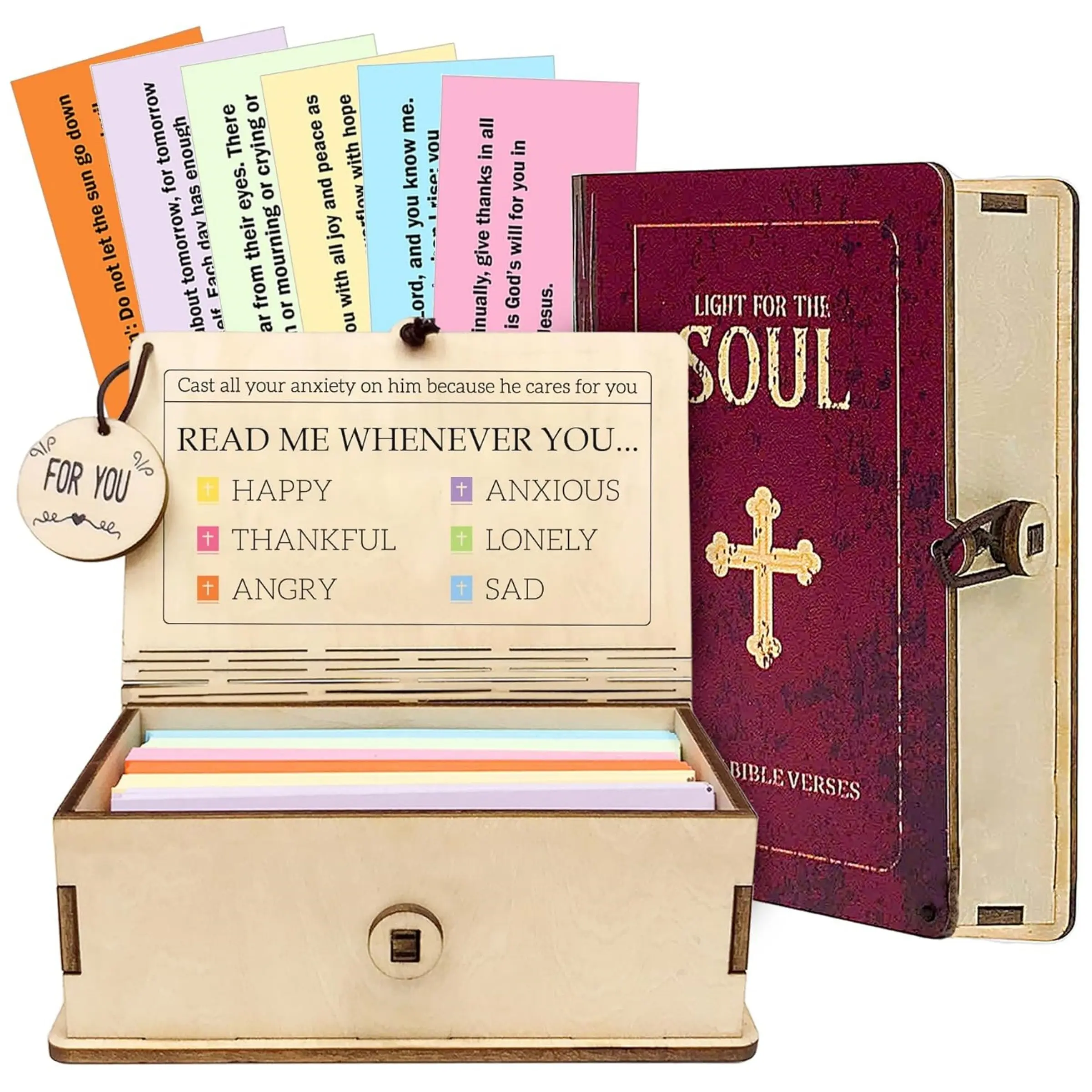 Handmade Bible Verse Greeting Cards Gift Box (150 Sheets), Wooden Storage Case Included, Encouragement Cards Inspirational Selections Christian Gifts for Men & Women, Quote Cards