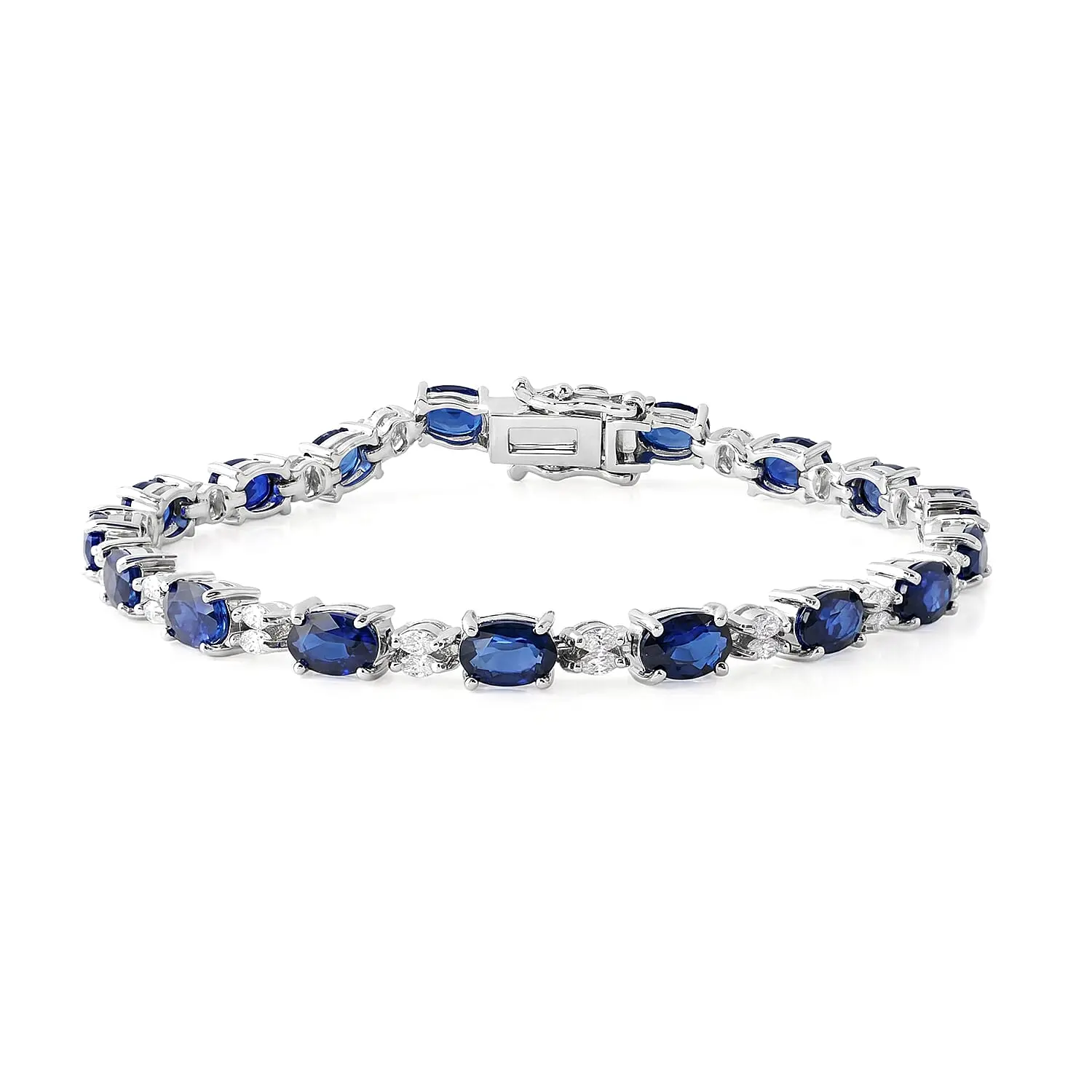 D'Joy Madagascar Blue Sapphire (DF), Moissanite Bracelet in Rhodium Over Sterling Silver (6.50 In) 12.20 ctw