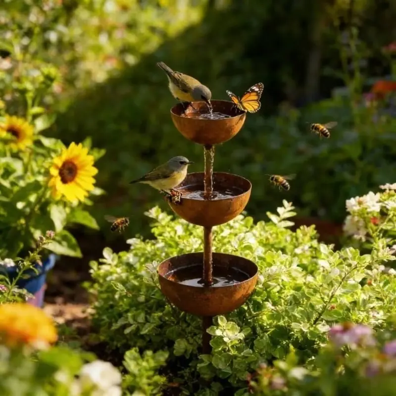Vintage Handcrafted Iron Rainwater Collector with Bird Feeder and Bee Waterer, Natural Rustic Finish, Bird Bath Basin, Outdoor Garden Water Feature Decor, Ideal Attractor for Hummingbirds, Wild Birds and Insects, Garden Ornamentation