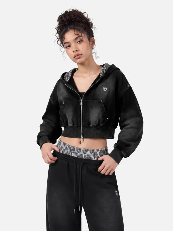 Aelfric Eden Leopard Print Studded Cropped Spray Dyed Zip Up Hoodie Washed Drop Shoulder Oversized Y2K Vintage Streetwear for Women