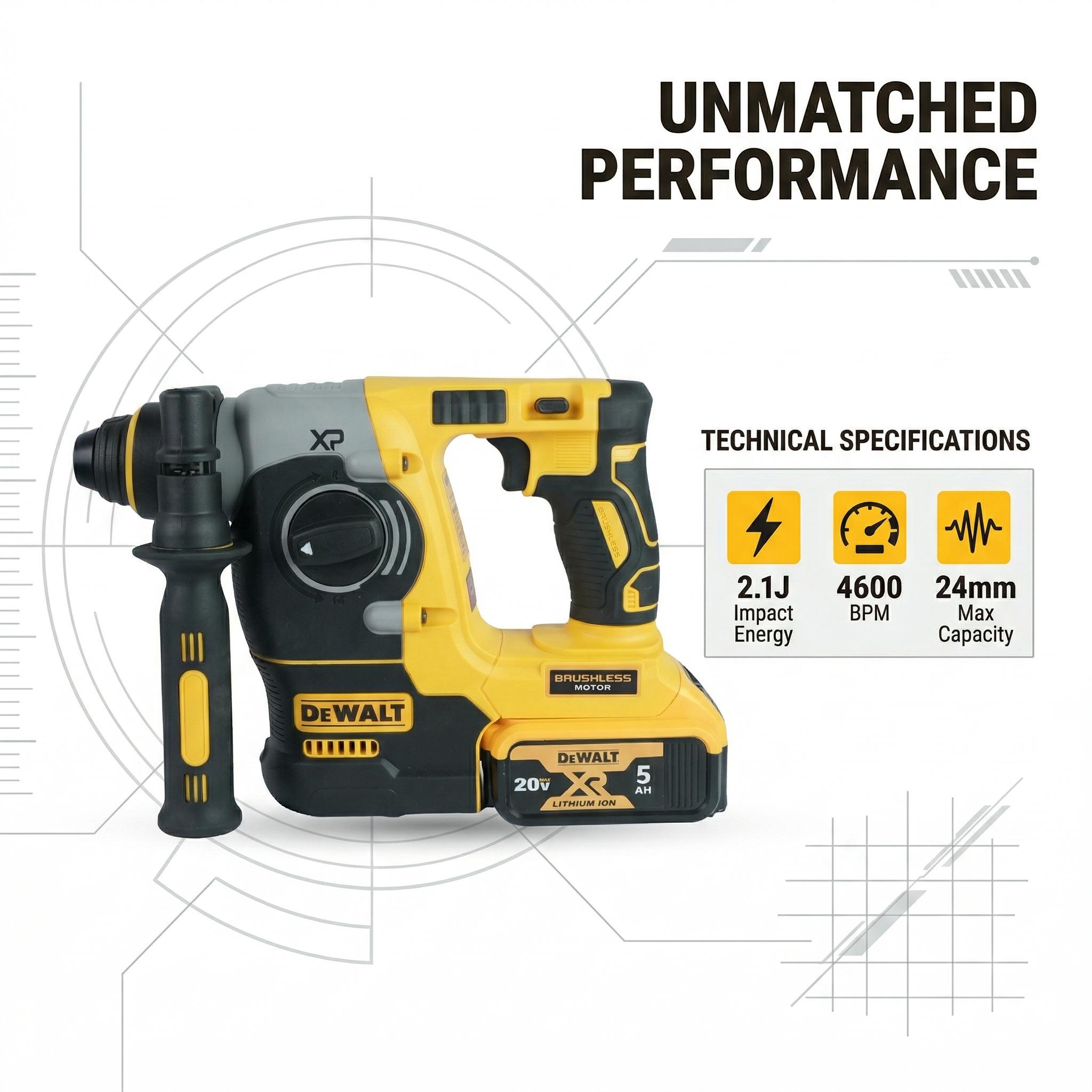 DEWALT DCH273 20V MAX XR Brushless 1-Inch SDS-Plus Rotary Hammer Drill Featuring SHOCKS Active Vibration Control 3-Mode Functionality for Concrete Masonry and Steel with 2.1-Joule Impact Energy and Built-in LED Work Light