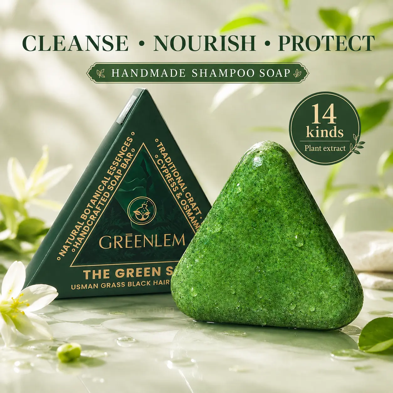 Solid Shampoo Bar with Osmanthus Grass, Triangle Hair Cleansing Bar, Gentle Scalp & Hair Care, Daily Shampoo Bar for Men and Women