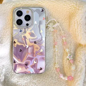 Colorful Heart Pattern Phone Case with Chain, Fashionable Phone Protective Cover, Phone Accessories Compatible with iPhone 11 12 13 14 Pro Max, Casing