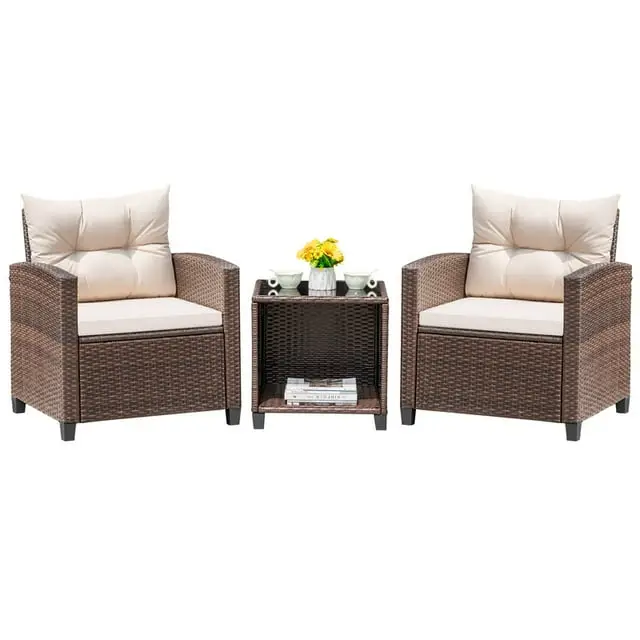 FURMAX Outdoor Furniture 3 Pieces Patio Bistro Furniture Set, Rattan Conversation Chair with Cushion Cushion and Tea Table, Patio Furniture Set Balcon