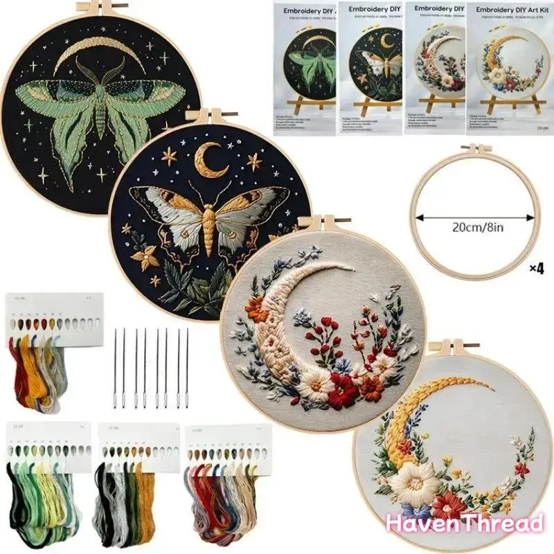 Beginner Embroidery Hoop Kits, Elegant Butterfly Moon Cross Stitch Set with Printed Cotton Fabric, Threads, Needles for DIY Bag Accessories Crafting tiktokshopbacktoschool