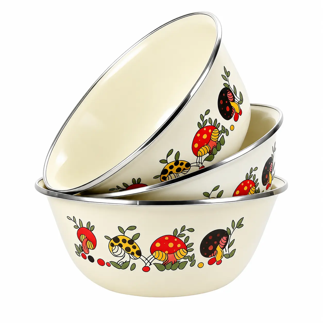 Set Of 3 Vintage Retro Mushroom Print Enamel Mixing Bowls, Portable Enamelware Set For Meal Prep, Salad, Soup, Camping & Picnic