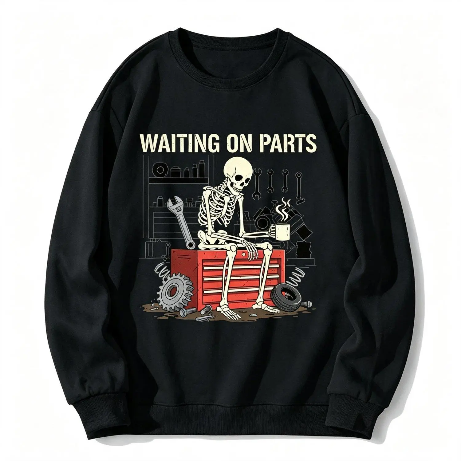 Humorous Skeleton Auto Mechanic For And Couples Trendy Street Style Casual Daily Fashion Long Sleeve Crew Neck Sweatshirt Pullover Top